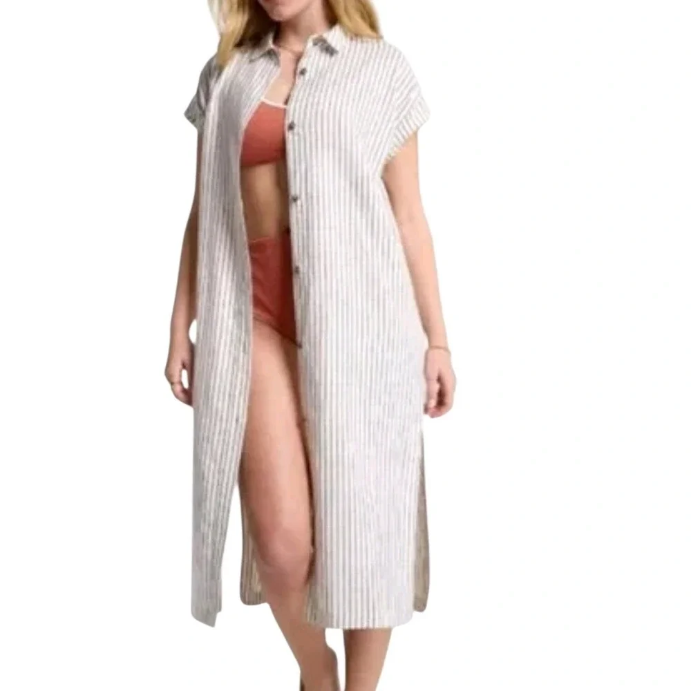 CALIA Swim Cover Up Dress Women XS White Gray Stripe Ivory Button Down Beach New